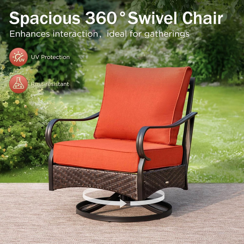 Spacious 360-degree swivel chair with orange cushions in a garden setting