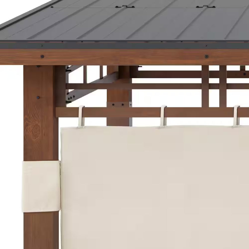 Chandler 10 Ft. X 12 Ft. Brown Cedar Wooden Gazebo Pavilion with Hard Top Iron Slope Roof Grill Gazebo