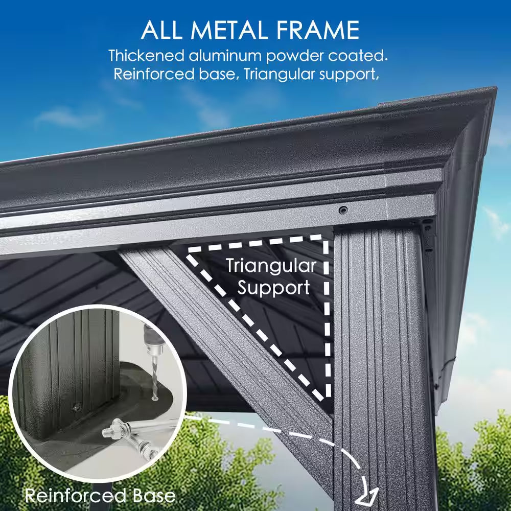 Alexander 14 Ft. D X 9 Ft. H X 12 Ft. W Aluminum Hardtop with Gazebo Galvanized Steel Roof, Nettings & Curtains(Gray)
