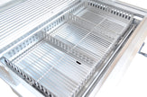 Metal kitchen drawer organizer with multiple compartments on a white background