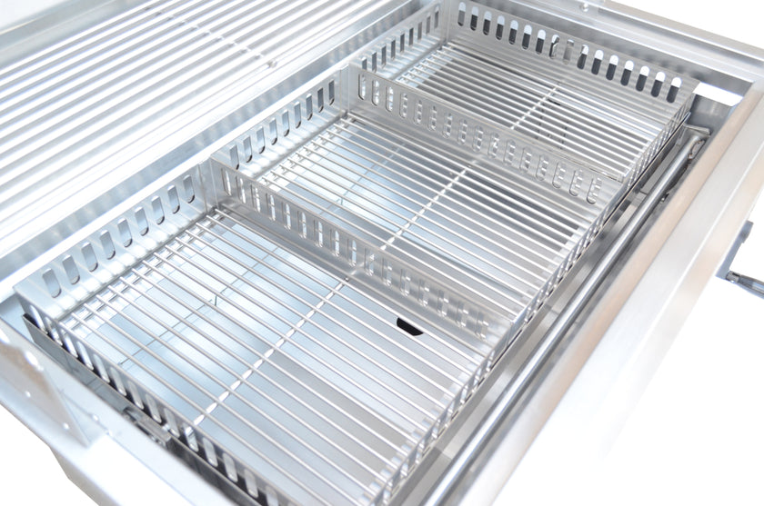 Metal kitchen drawer organizer with multiple compartments on a white background
