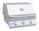 Stainless steel grill with three control knobs on a white background