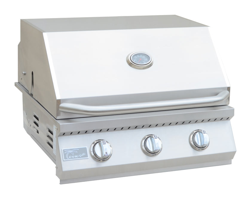 Stainless steel grill with three control knobs on a white background