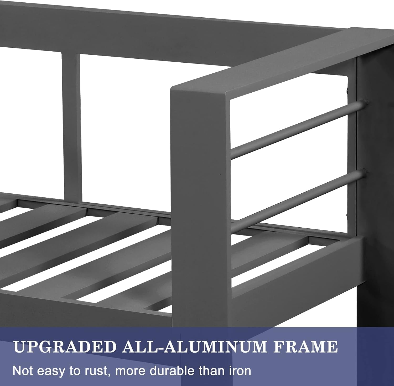 Metal bed frame with text highlighting upgraded all-aluminum construction
