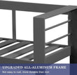 Metal bed frame with text highlighting upgraded all-aluminum construction