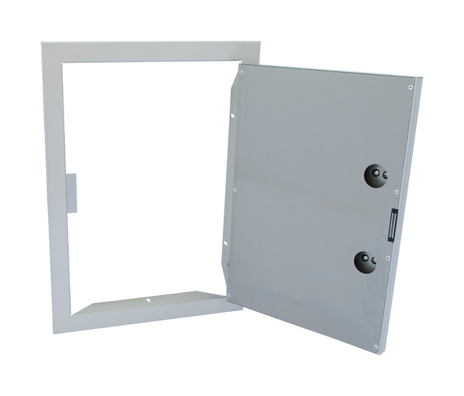 Metallic rectangular panel with hinged door on a white background
