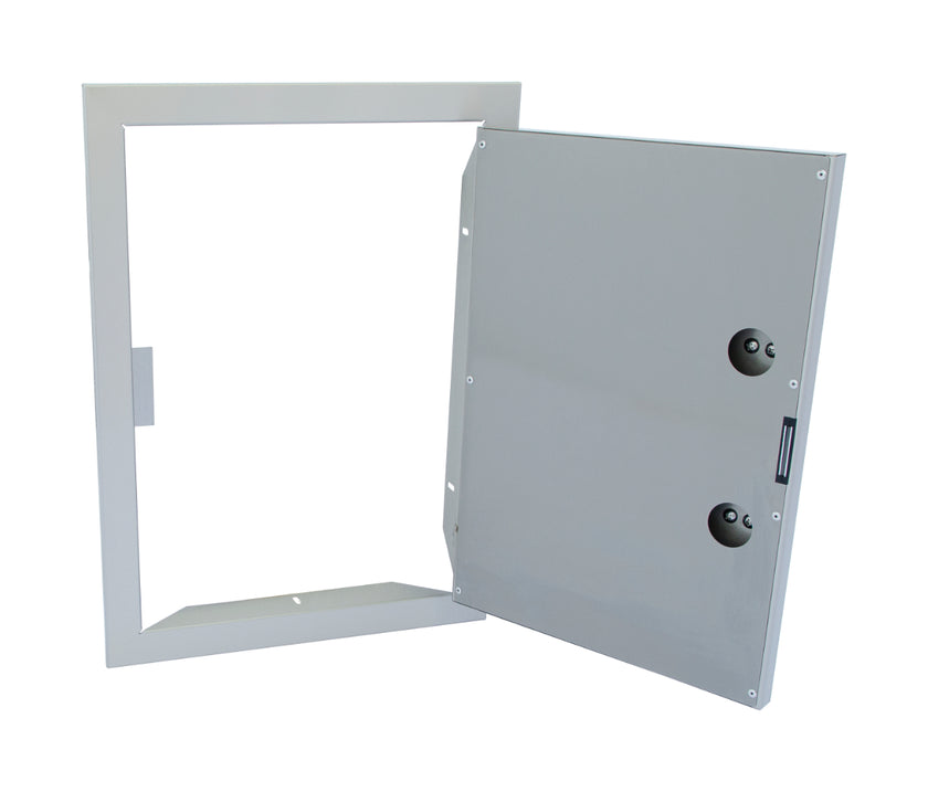 Metallic rectangular panel with hinged door on a white background