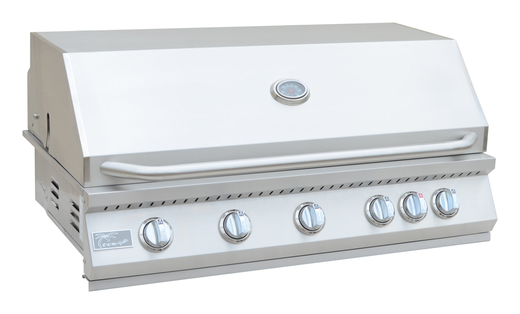 Stainless steel grill with multiple control knobs on a white background