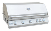 Stainless steel grill with multiple control knobs on a white background
