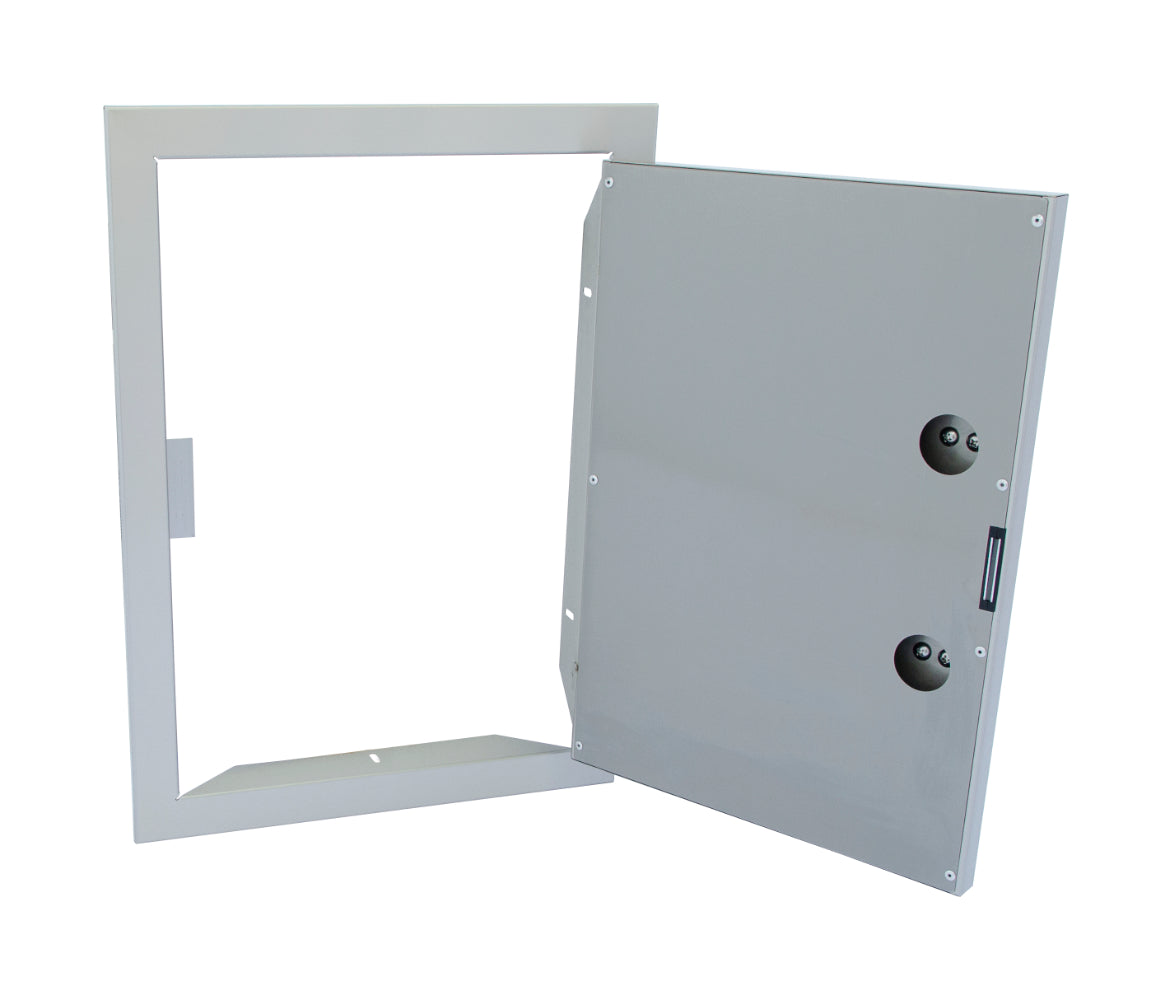 Metallic rectangular panel with hinged door on a white background