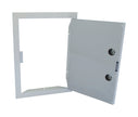 Metallic rectangular panel with hinged door on a white background