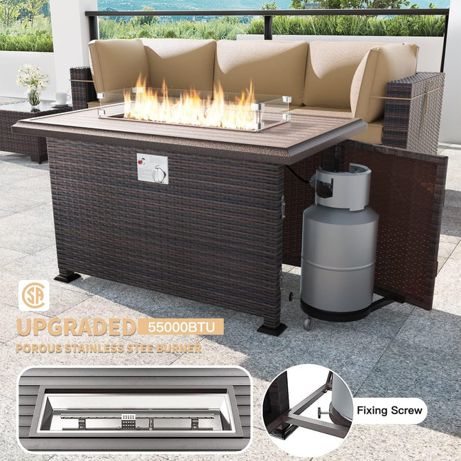 Outdoor patio fire pit table with propane tank on a patio