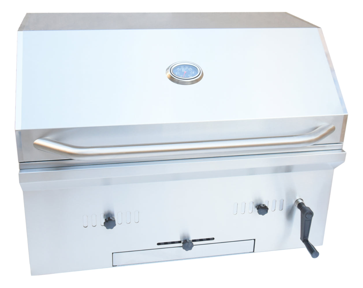 Stainless steel grill with a white lid on a white background