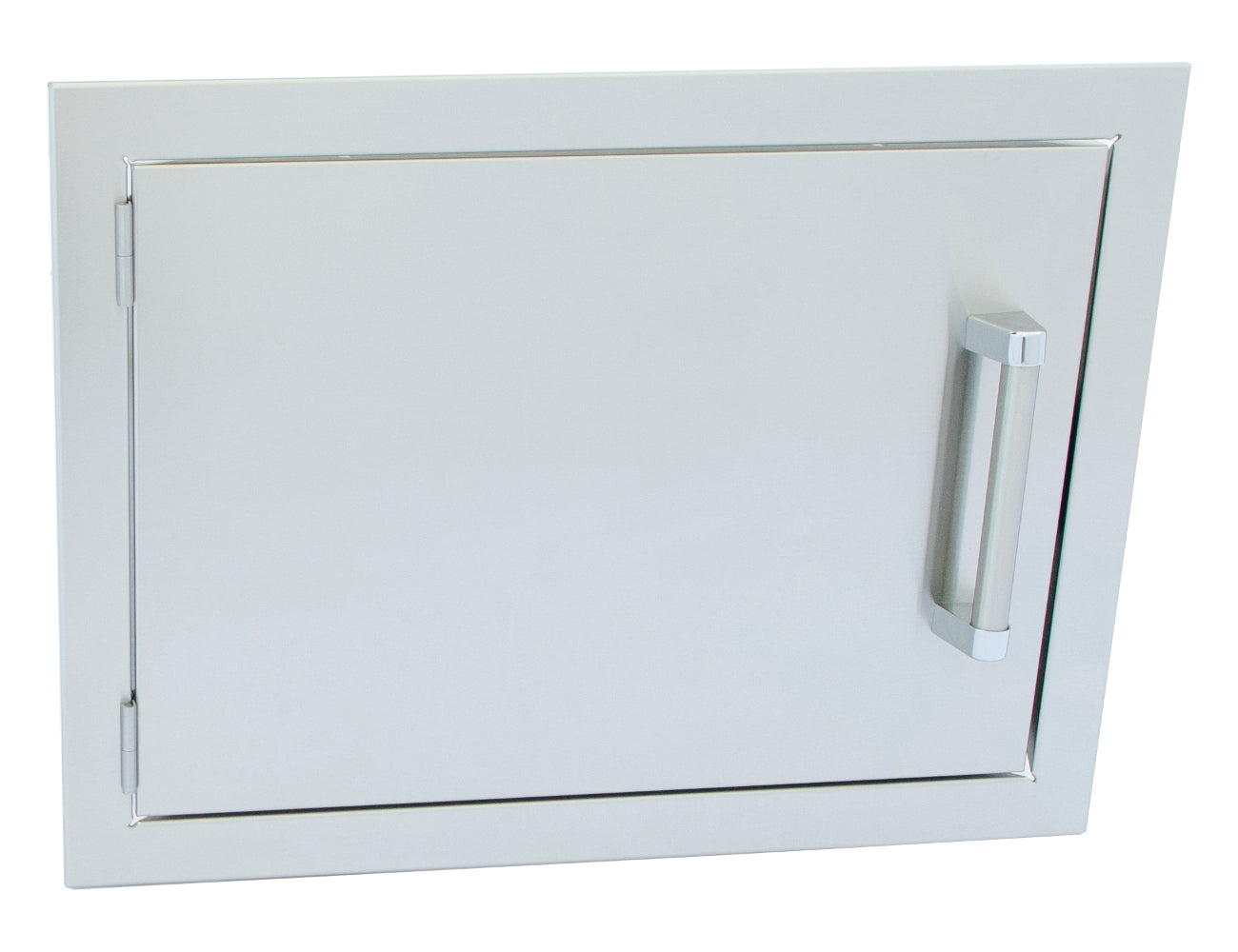 White cabinet door with a silver handle on a white background
