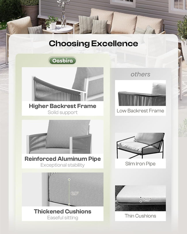 Comparison chart for outdoor furniture features with Oasbira branding.