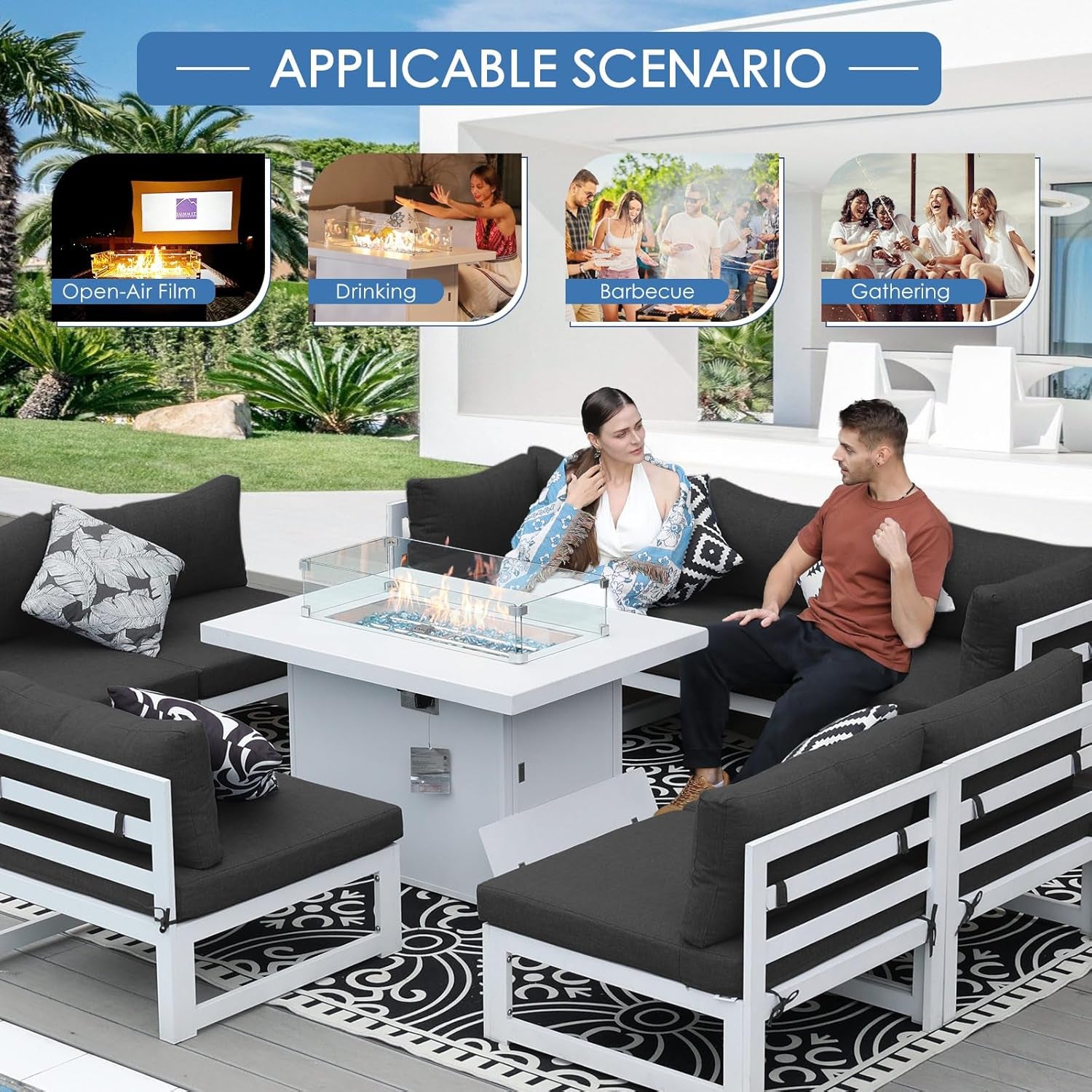 Outdoor patio set with people sitting around a fire pit table, suitable for various activities.