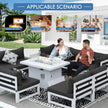Outdoor patio set with people sitting around a fire pit table, suitable for various activities.
