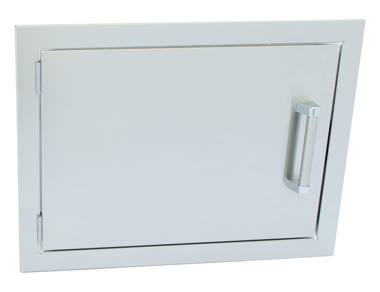 Stainless steel outdoor kitchen door with handle on a white background