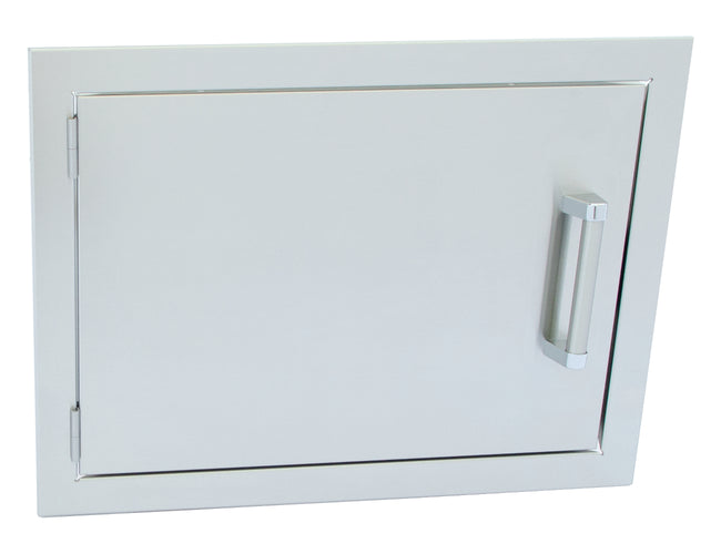 Stainless steel outdoor kitchen door with handle on a white background
