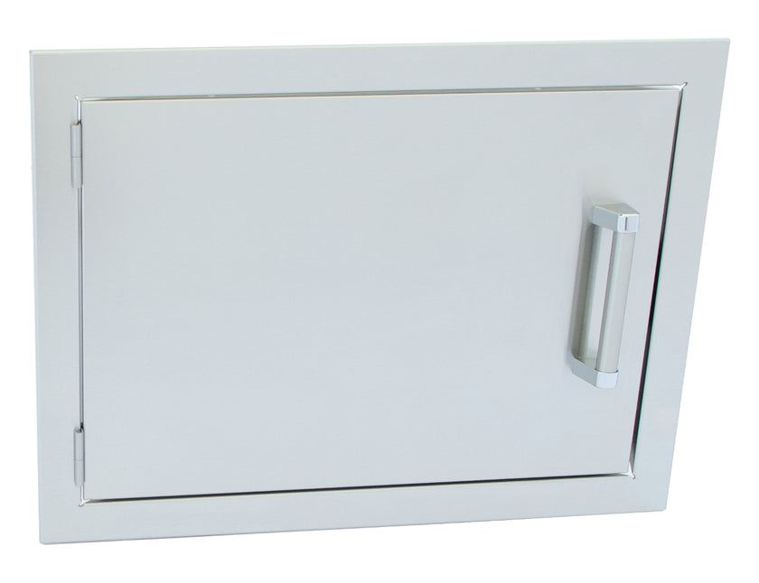 Stainless steel outdoor kitchen door with handle on a white background