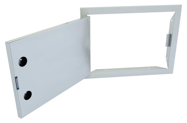 White metal access panel with a rectangular cutout on a white background
