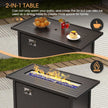 2-in-1 table with fire pit feature, used for warmth and dining outdoors.