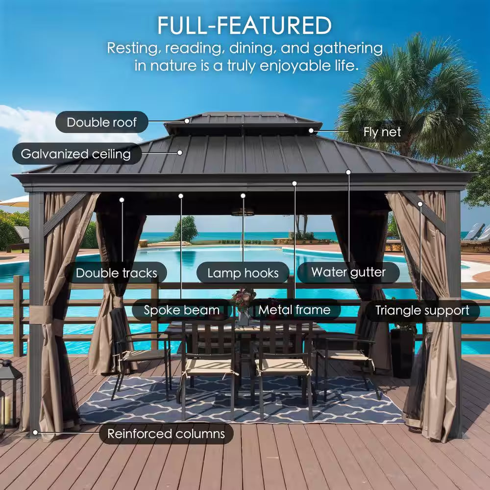 Alexander 14 Ft. D X 9 Ft. H X 12 Ft. W Aluminum Hardtop with Gazebo Galvanized Steel Roof, Nettings & Curtains(Gray)