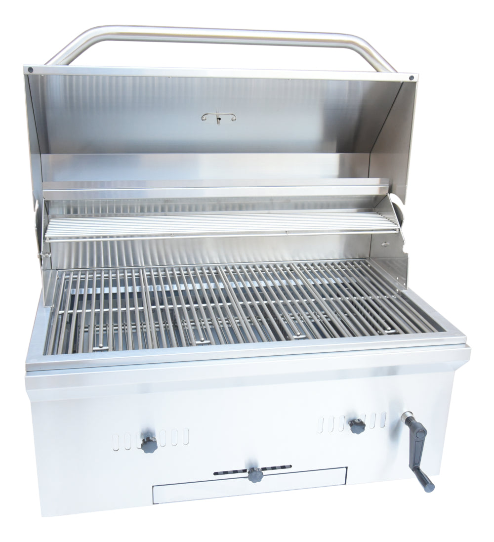 Stainless steel grill with open lid on a white background