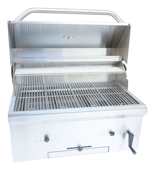 Stainless steel grill with open lid on a white background