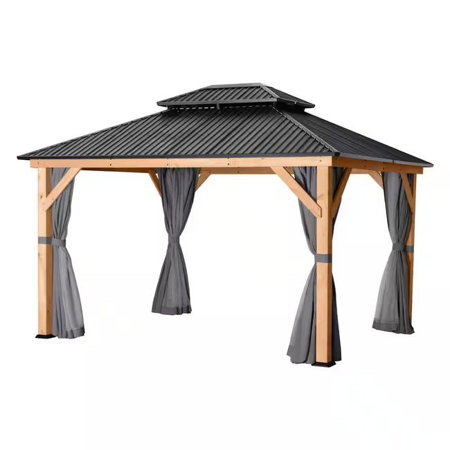 11 Ft. X 13 Ft. Double Roof Hardtop Wooden Patio Gazebo with Netting and Gray Curtains