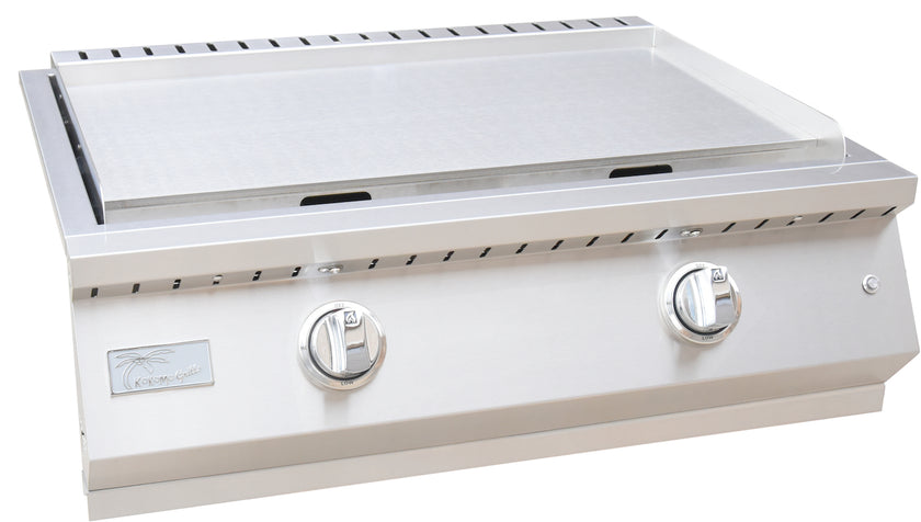 Stainless steel gas grill with two control knobs on a white background