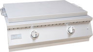 Stainless steel grill with two control knobs on a white background