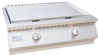 Stainless steel gas grill with two knobs on a white background