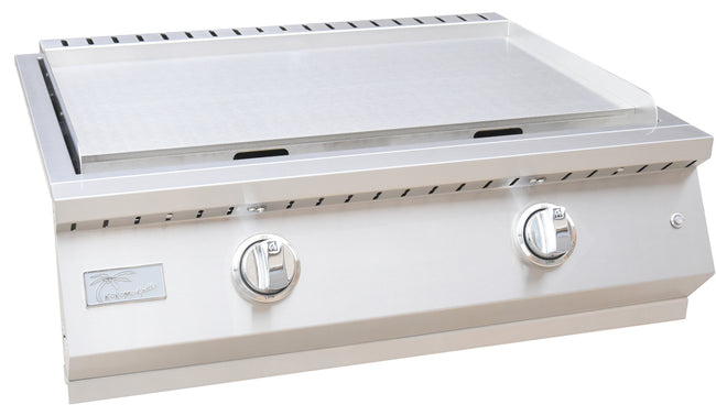 Stainless steel gas grill with two control knobs on a white background