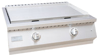 Stainless steel gas grill with two control knobs on a white background