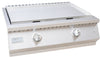 Stainless steel gas grill with two control knobs on a white background