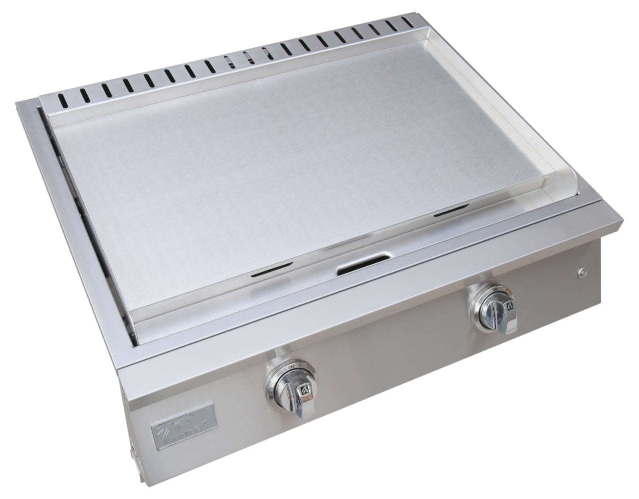 Stainless steel grill with two control knobs on a white background