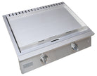 Stainless steel grill with two control knobs on a white background
