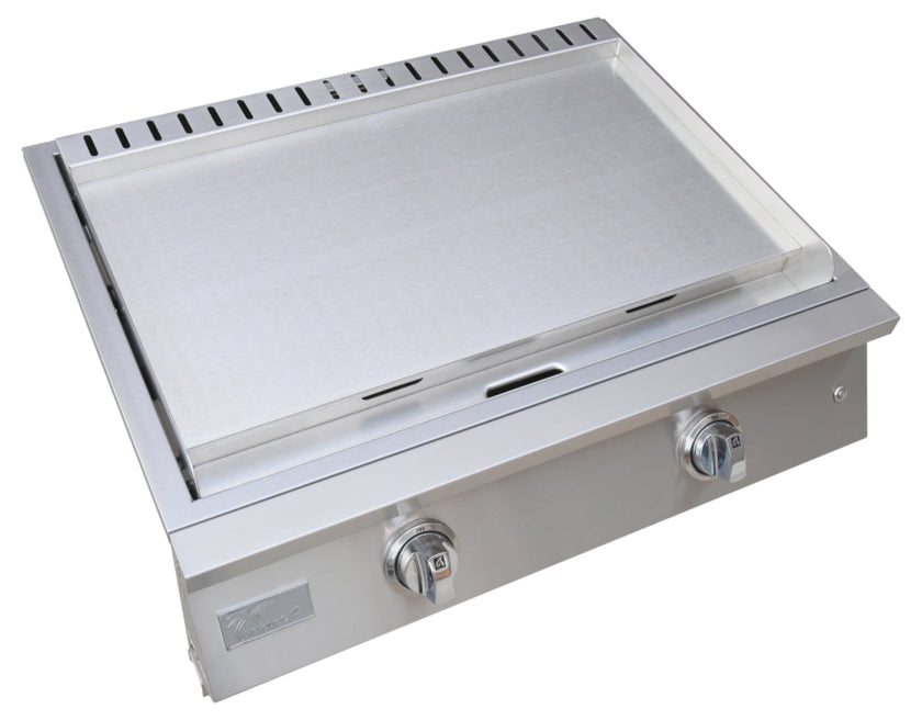 Stainless steel grill with two control knobs on a white background
