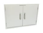 Stainless steel outdoor storage cabinet with two doors and handles on a white background
