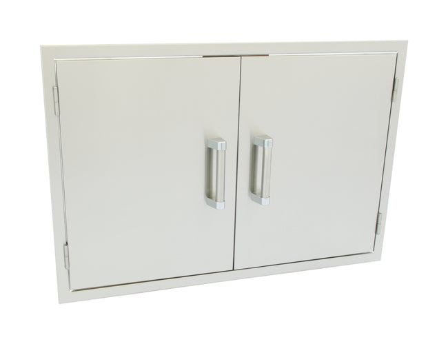 Stainless steel outdoor storage cabinet with two doors and handles on a white background