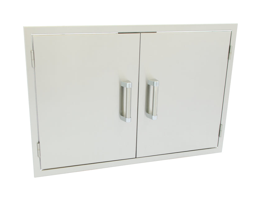 Stainless steel outdoor storage cabinet with two doors and handles on a white background