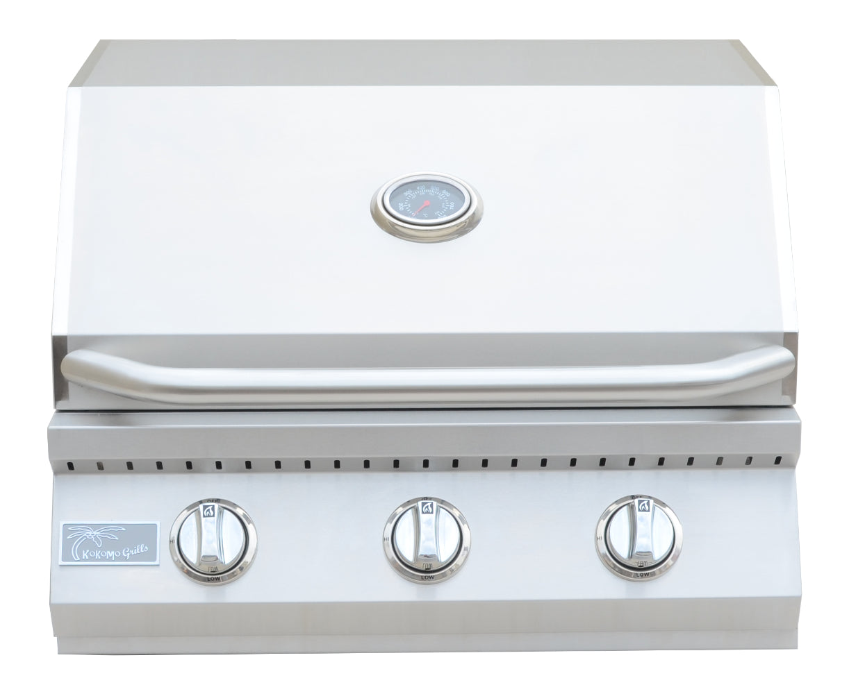 Stainless steel grill with control knobs on a white background
