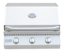 Stainless steel grill with control knobs on a white background