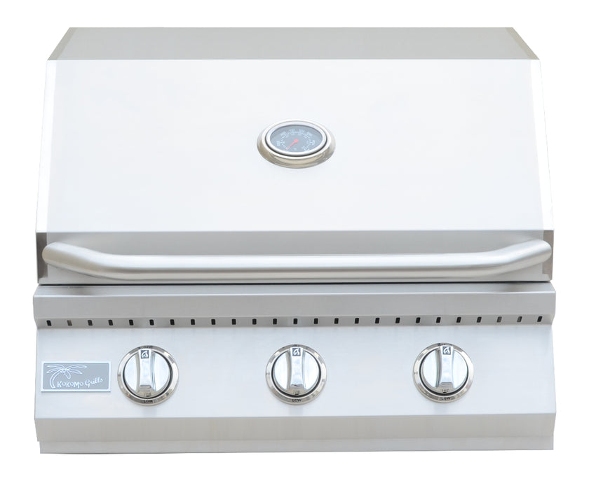 Stainless steel grill with control knobs on a white background