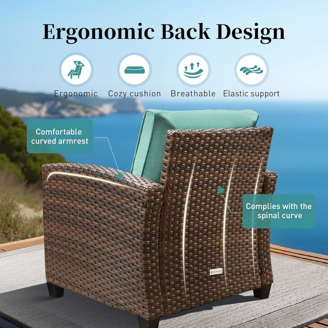 Wicker chair with a green cushion on a wooden deck with a scenic background