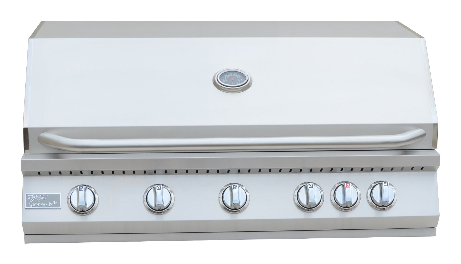 Stainless steel grill with control knobs on a white background