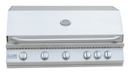 Stainless steel grill with control knobs on a white background