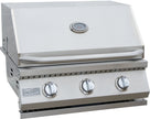 Stainless steel grill with three control knobs on a white background