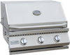 Stainless steel grill with three control knobs on a white background